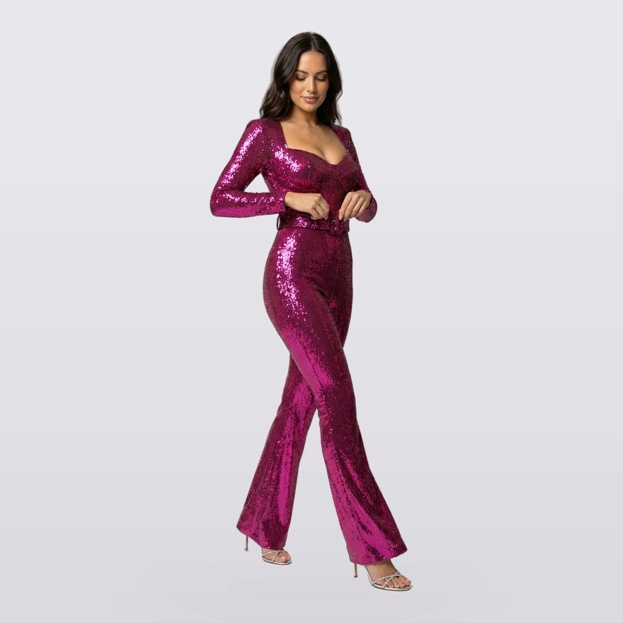 Cassiane - Sequin Long-Sleeve Flared Jumpsuit