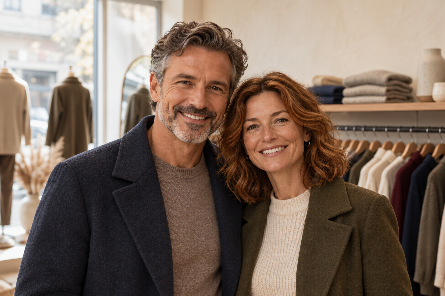 Couple wearing autumn layers in a clothing boutique