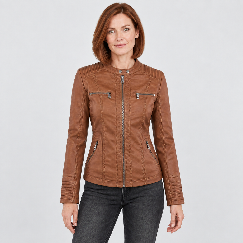 Hooded Moto Jacket with Zipped Pockets in brown worn by a model against a light grey studio background