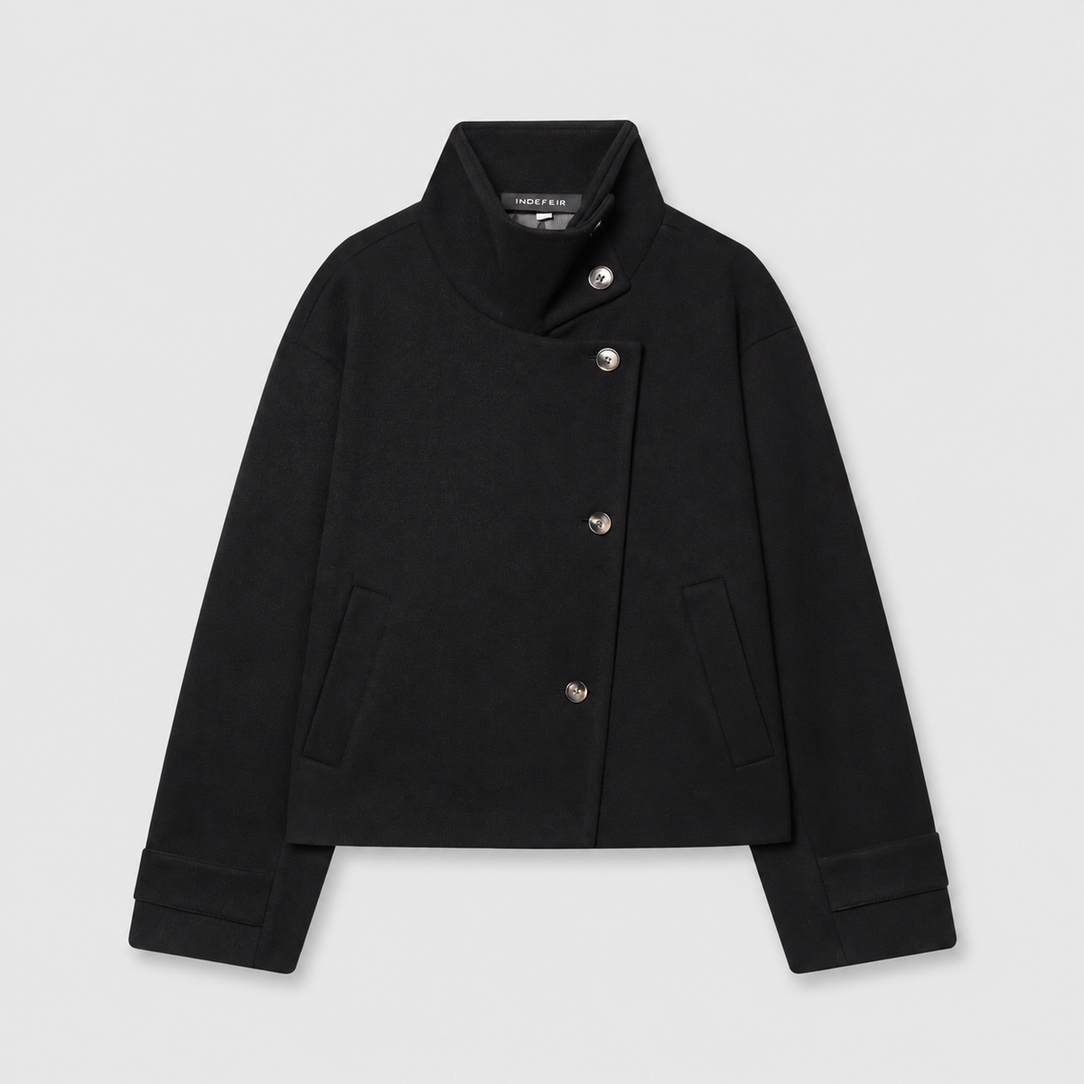 Eleanor | Women’s Jacket - Wool Blend Stand Collar Asymmetric Button Front — Black