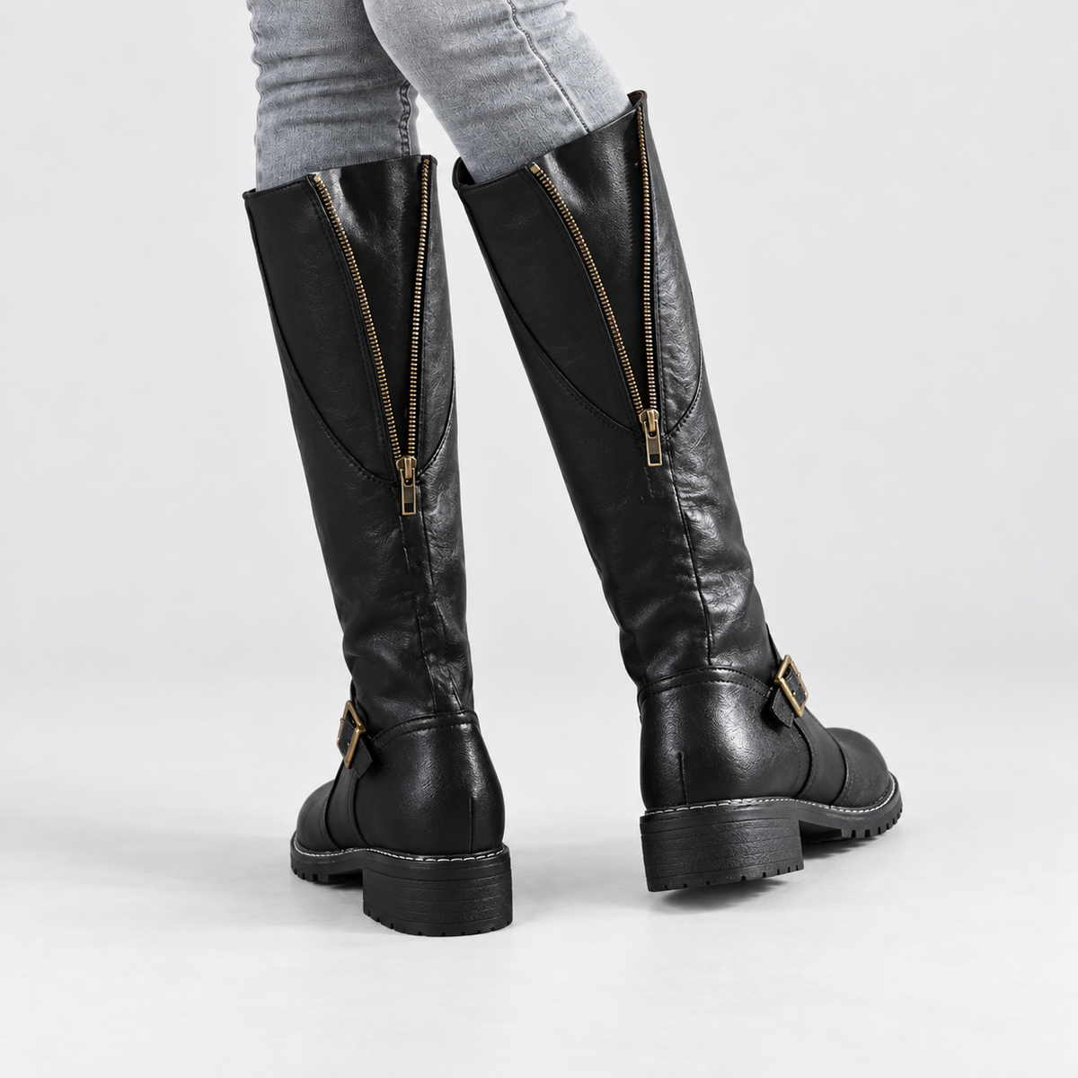 Knee-High Boots with Ankle Buckle in black - rear view on model