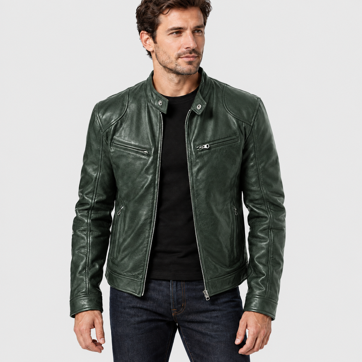 Army Green cafe racer jacket with zip pockets, front three-quarter view on a model.
