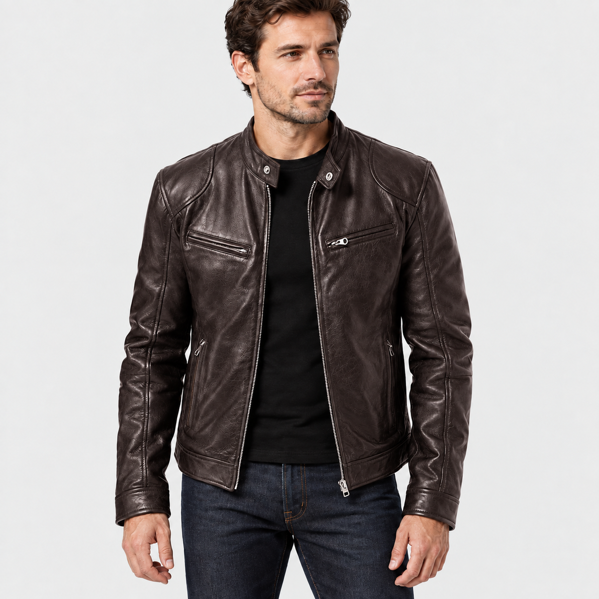 Brown cafe racer jacket with zip pockets, front three-quarter view on a model.