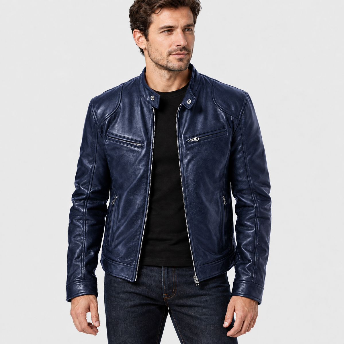 Dark Blue cafe racer jacket with zip pockets, front three-quarter view on a model.