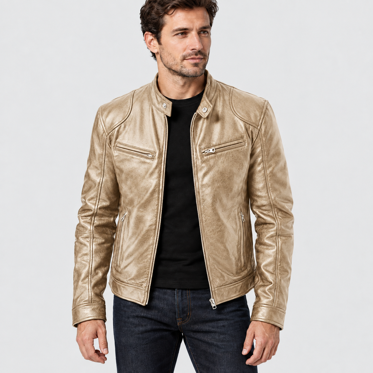 Gold cafe racer jacket with zip pockets, front three-quarter view on a model.