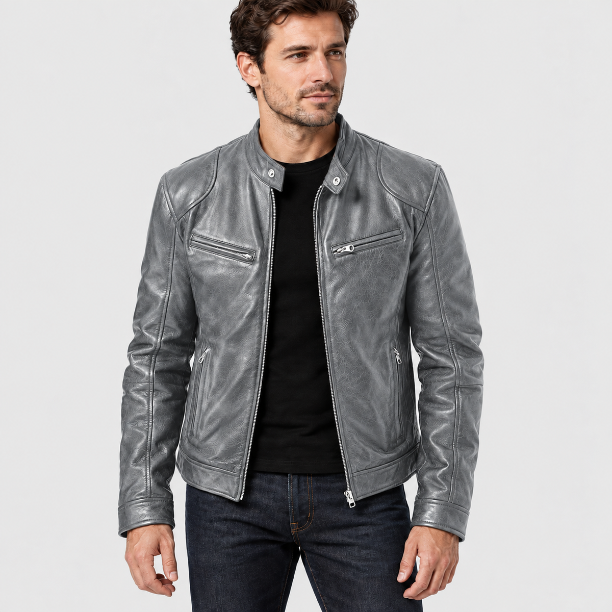 Grey cafe racer jacket with zip pockets, front three-quarter view on a model.