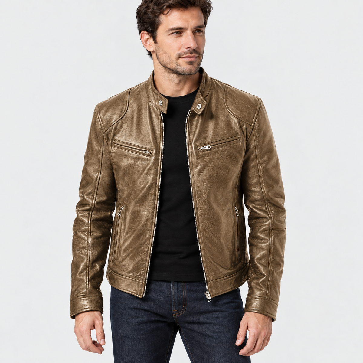 Khaki cafe racer jacket with zip pockets, front three-quarter view on a model.