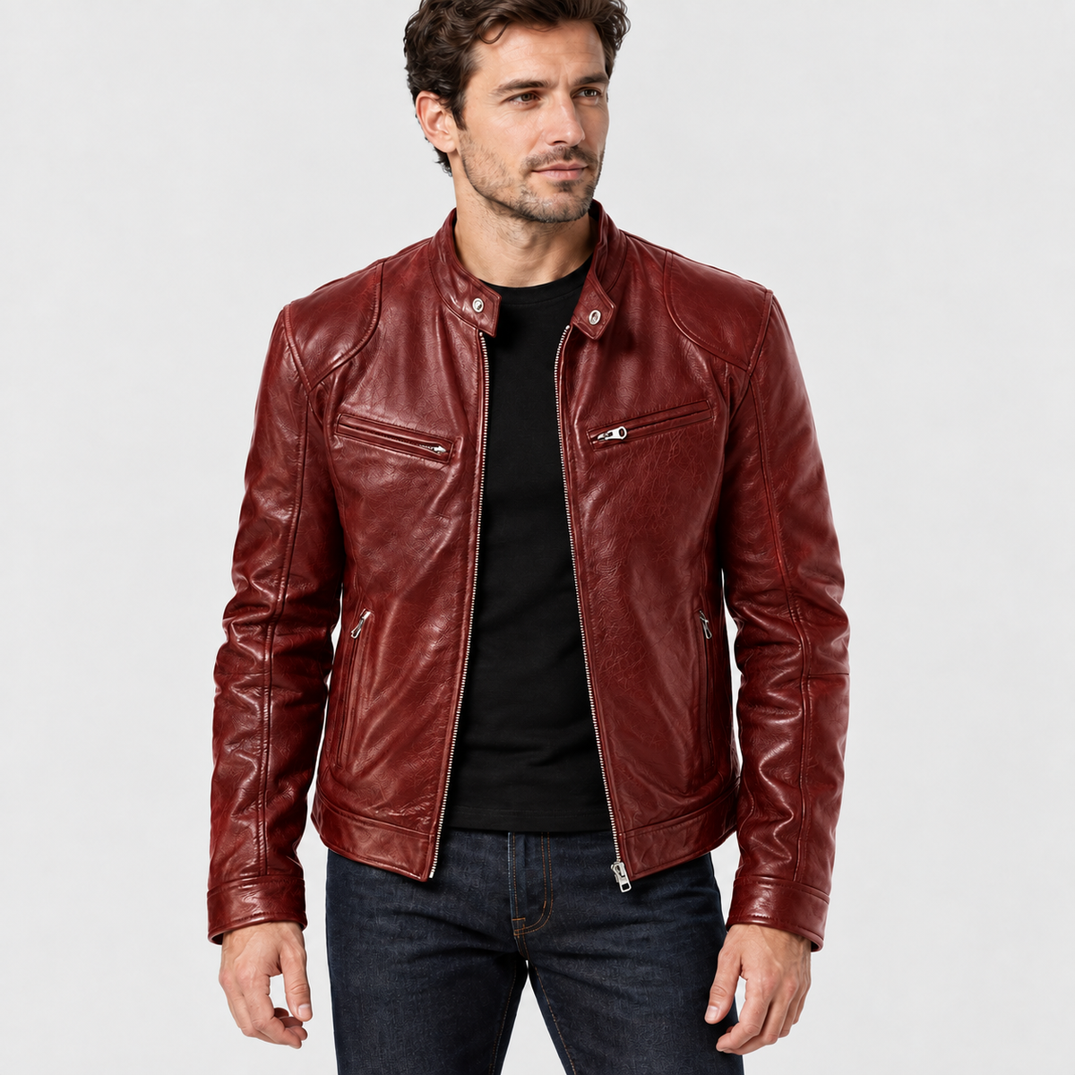 Red cafe racer jacket with zip pockets, front three-quarter view on a model.