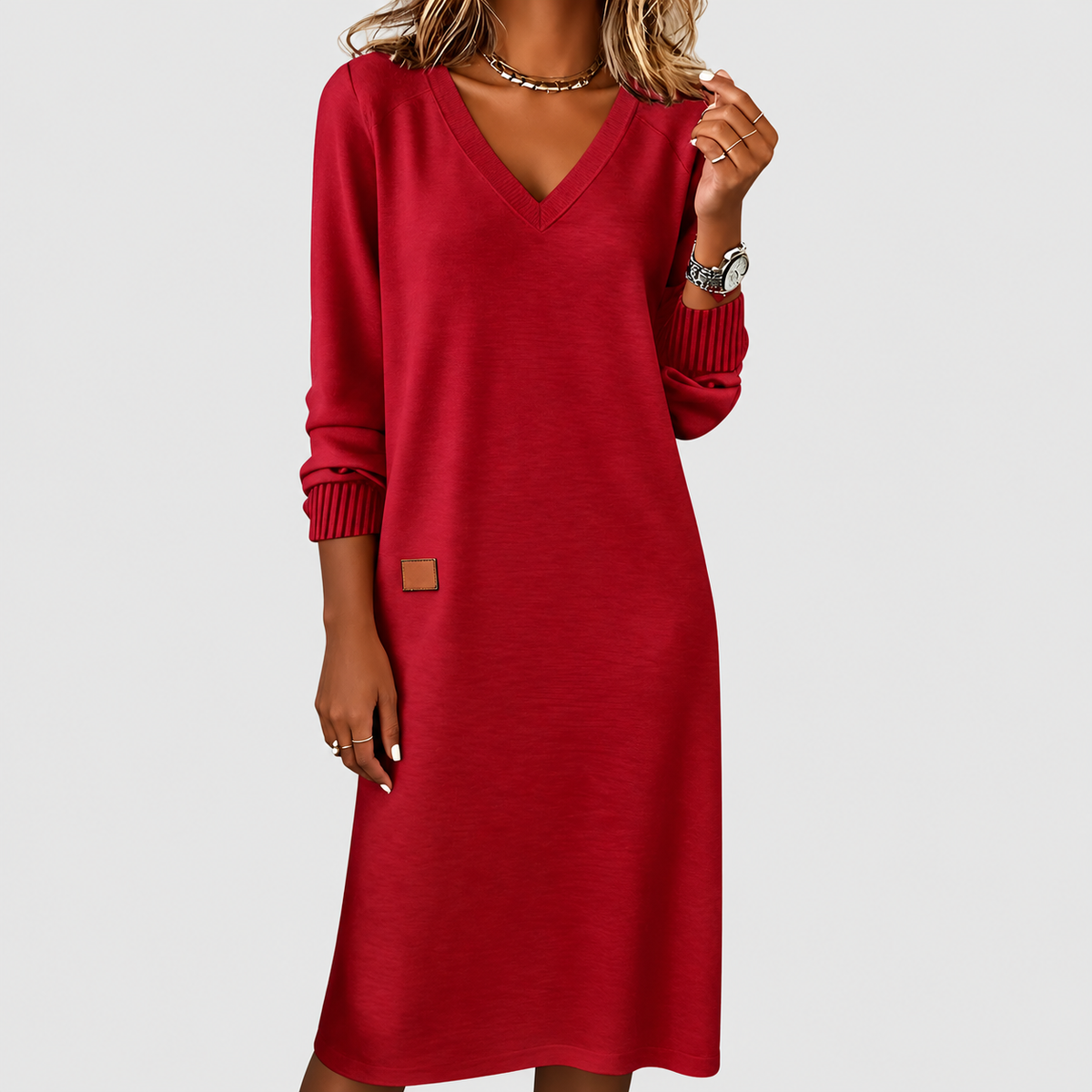 Acacia | Women’s V-Neck Long-Sleeve Midi Sweater Dress — Red