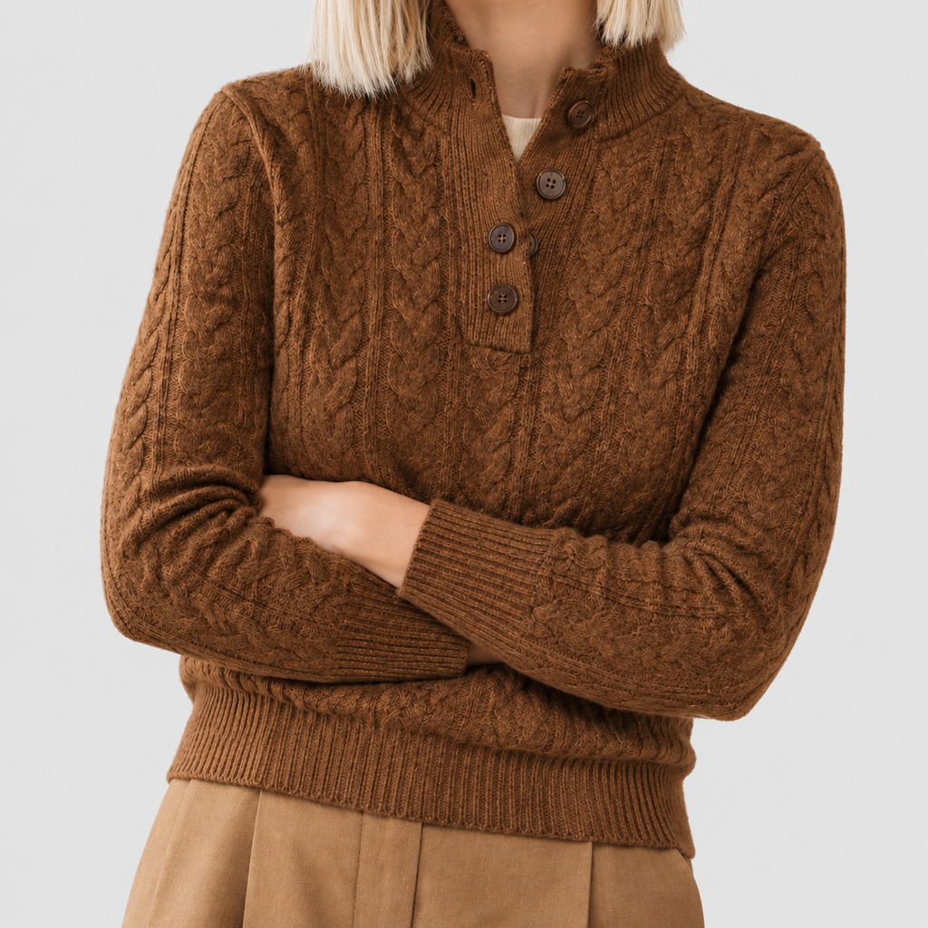Ada | Women’s Cable-Knit Buttoned Sweater — Brown