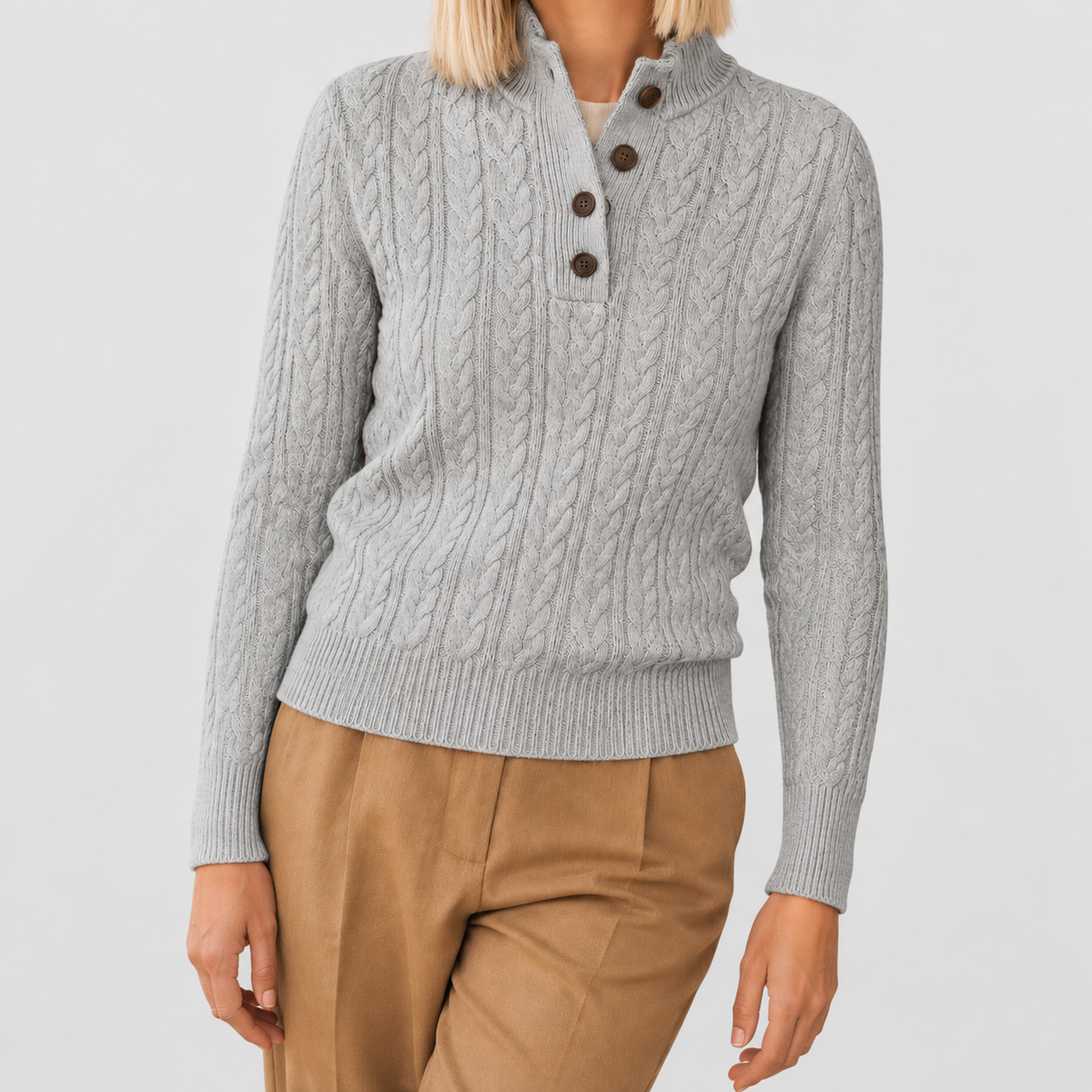 Ada | Women’s Cable-Knit Buttoned Sweater — Grey