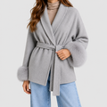 Adelina-Claire | Women’s Belted Wrap Coat with Faux-Fur Trim — Grey