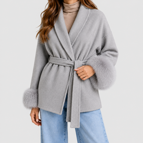 Adelina-Claire | Women’s Belted Wrap Coat with Faux-Fur Trim — Grey