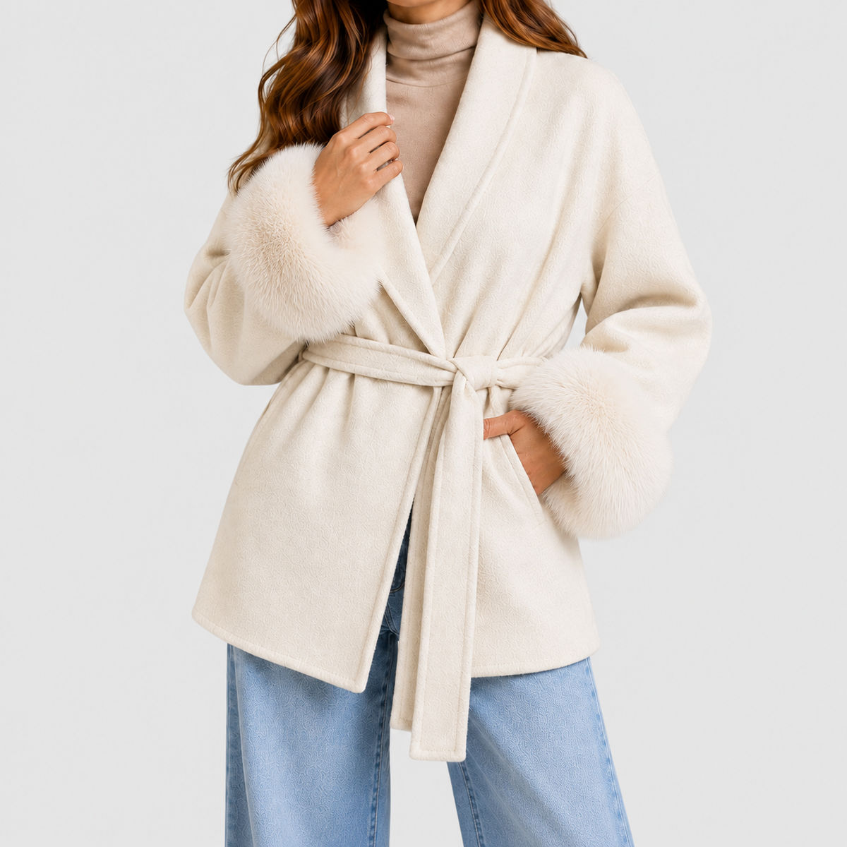 Adelina-Claire | Women’s Belted Wrap Coat with Faux-Fur Trim — Cream