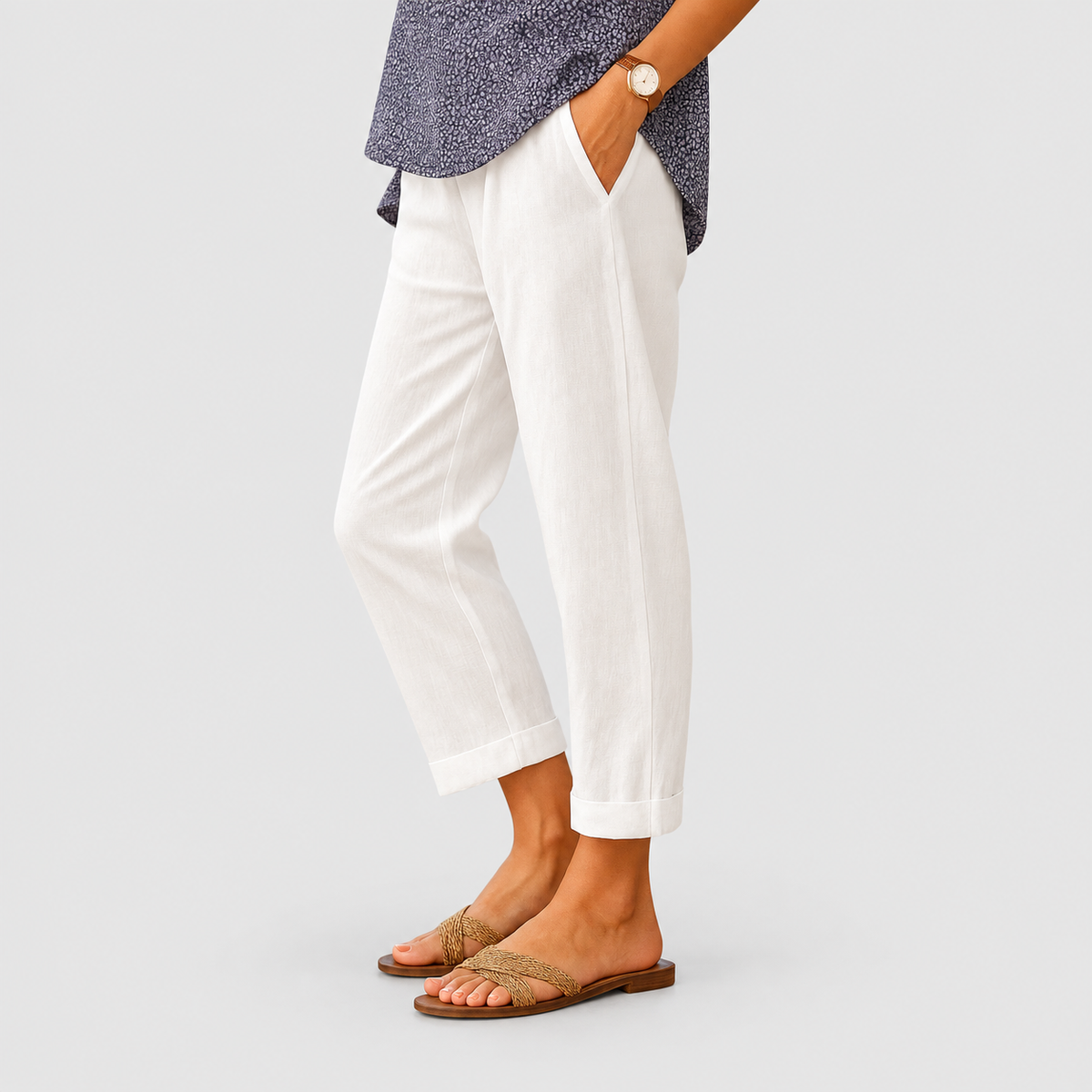 Ainsley | Women’s Cuffed Straight-Leg Cropped Pants — White