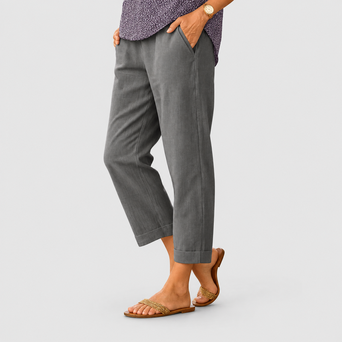 Ainsley | Women’s Cuffed Straight-Leg Cropped Pants — Grey