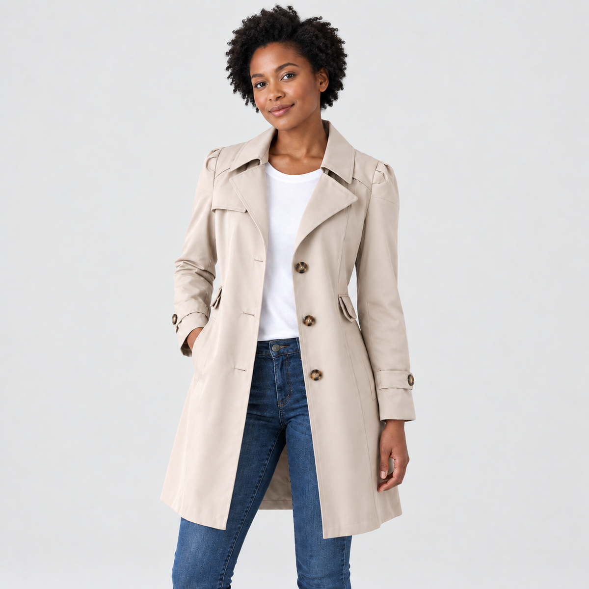 Beige tailored coat with notched lapels and cuff tabs worn by a model against a light grey studio background
