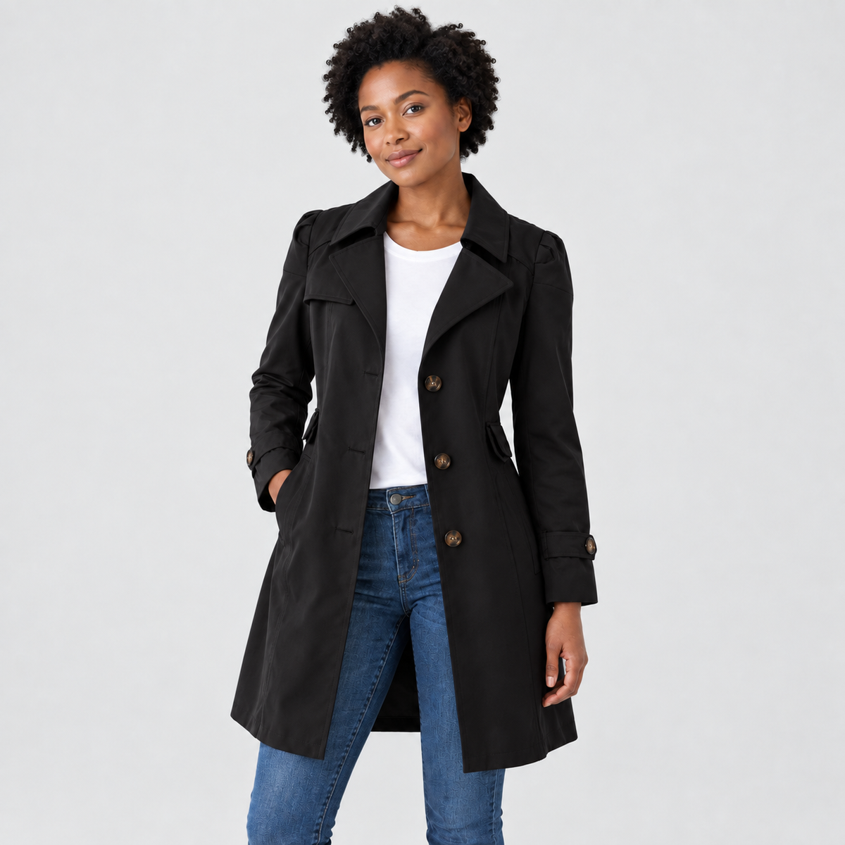 Black tailored coat with notched lapels and cuff tabs worn by a model against a light grey studio background