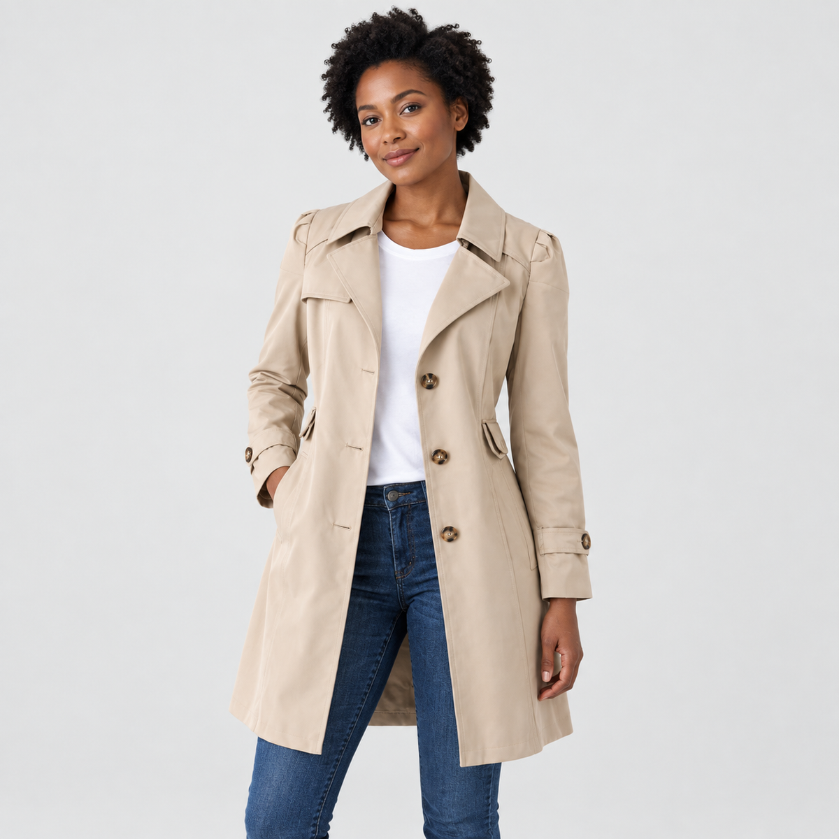 Camel tailored coat with notched lapels and cuff tabs worn by a model against a light grey studio background