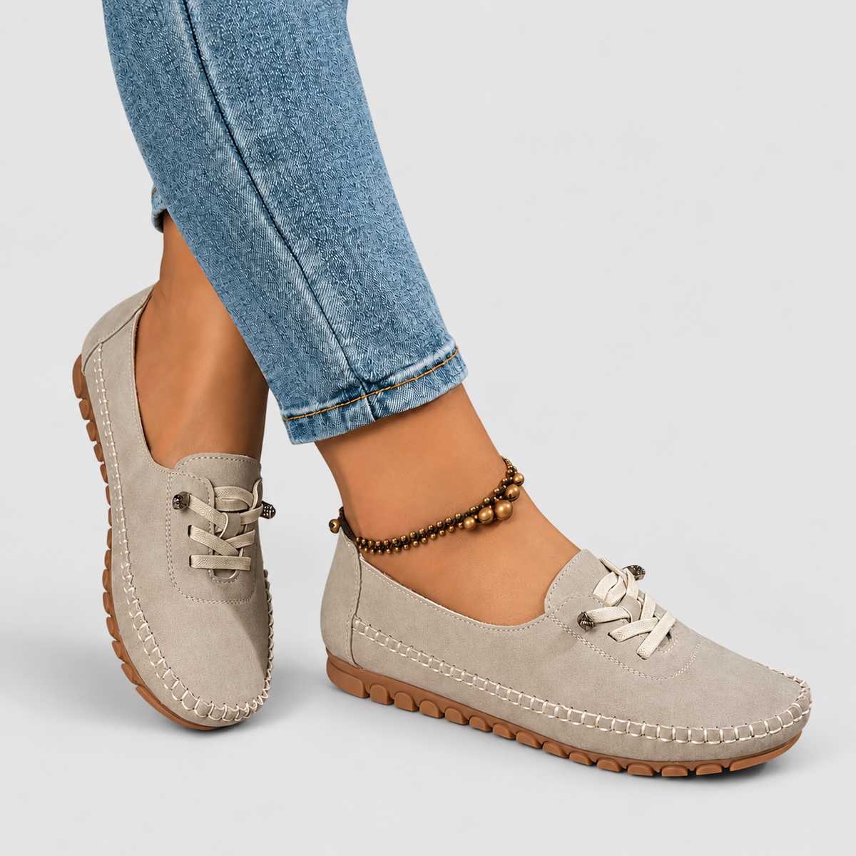 Alessina | Women’s Lace-Detail Slip-On Moccasin Loafers — Beige