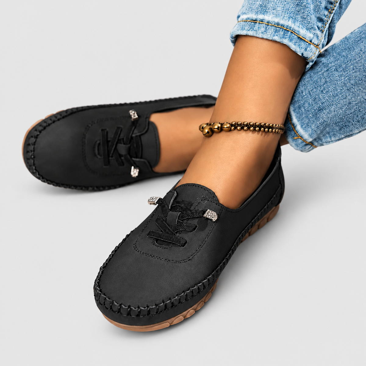 Alessina | Women’s Lace-Detail Slip-On Moccasin Loafers — Black