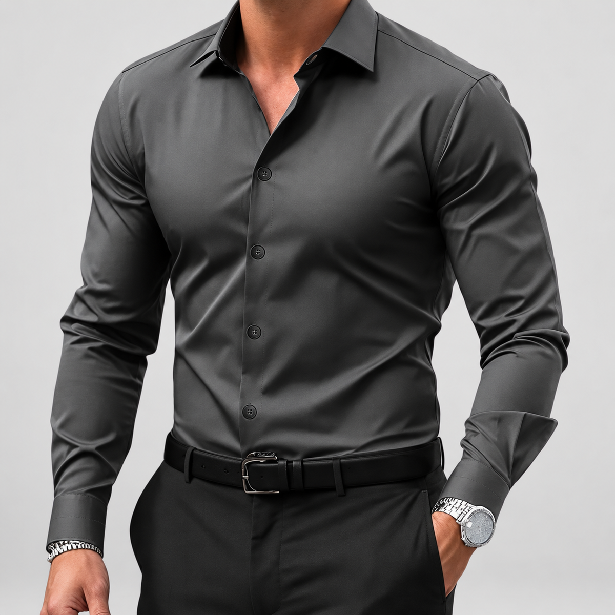Alistair | Men’s Slim-Fit Button-Front Shirt — Dark Grey
