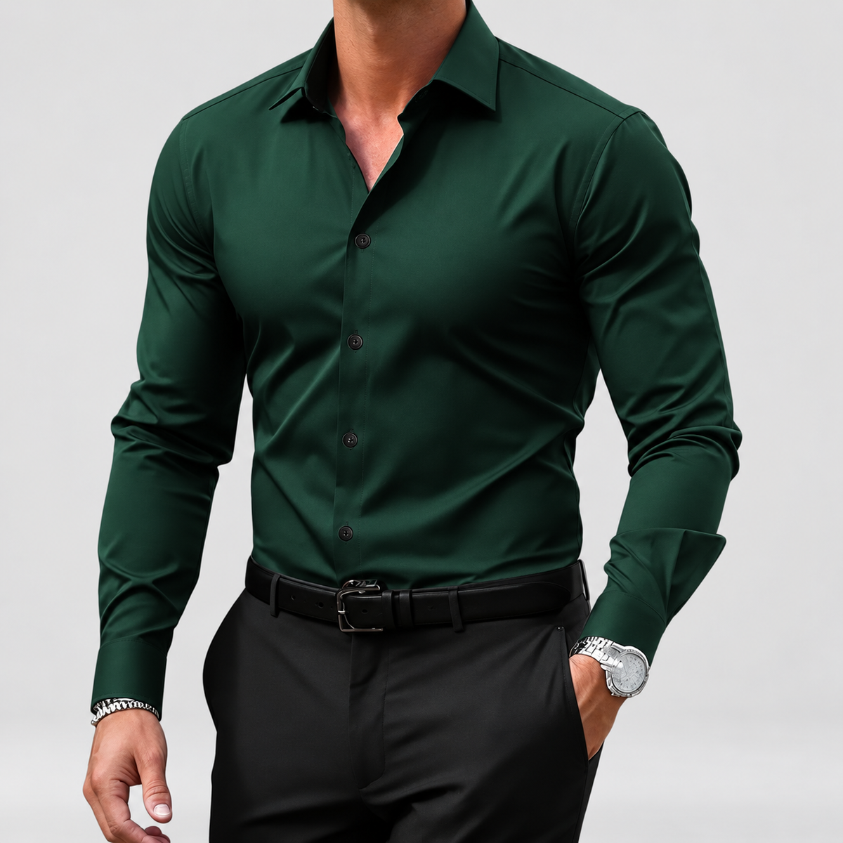 Alistair | Men’s Slim-Fit Button-Front Shirt — Dark Green