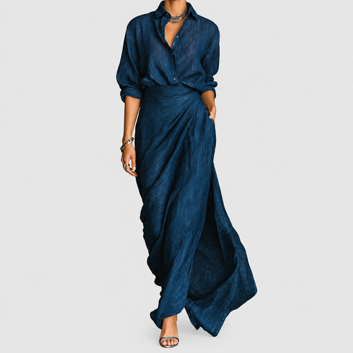 Althea | Women’s Shirt and Maxi Skirt Two-Piece Set — Dark Blue