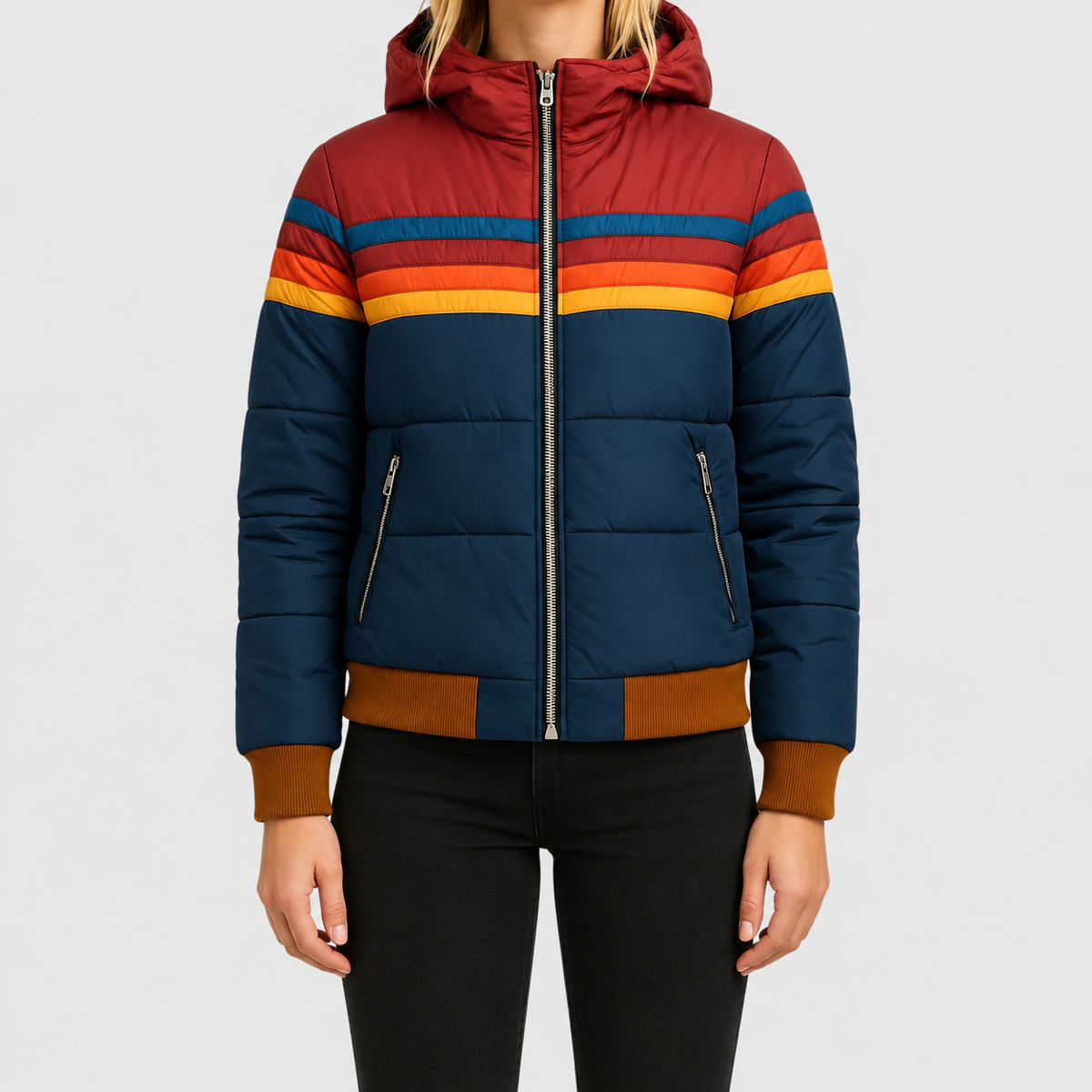 Amabel | Women’s Retro Striped Hooded Puffer Jacket — Navy Blue