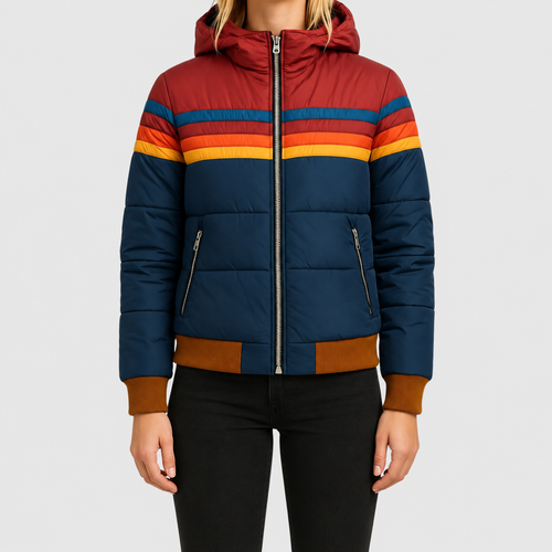 Amabel | Women’s Retro Striped Hooded Puffer Jacket — Navy Blue