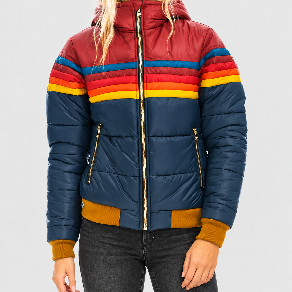 Amabel | Women’s Retro Striped Hooded Puffer Jacket — product detail 2