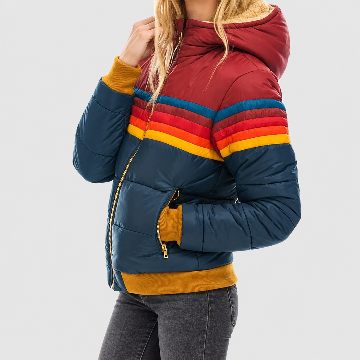 Amabel | Women’s Retro Striped Hooded Puffer Jacket — product detail 3