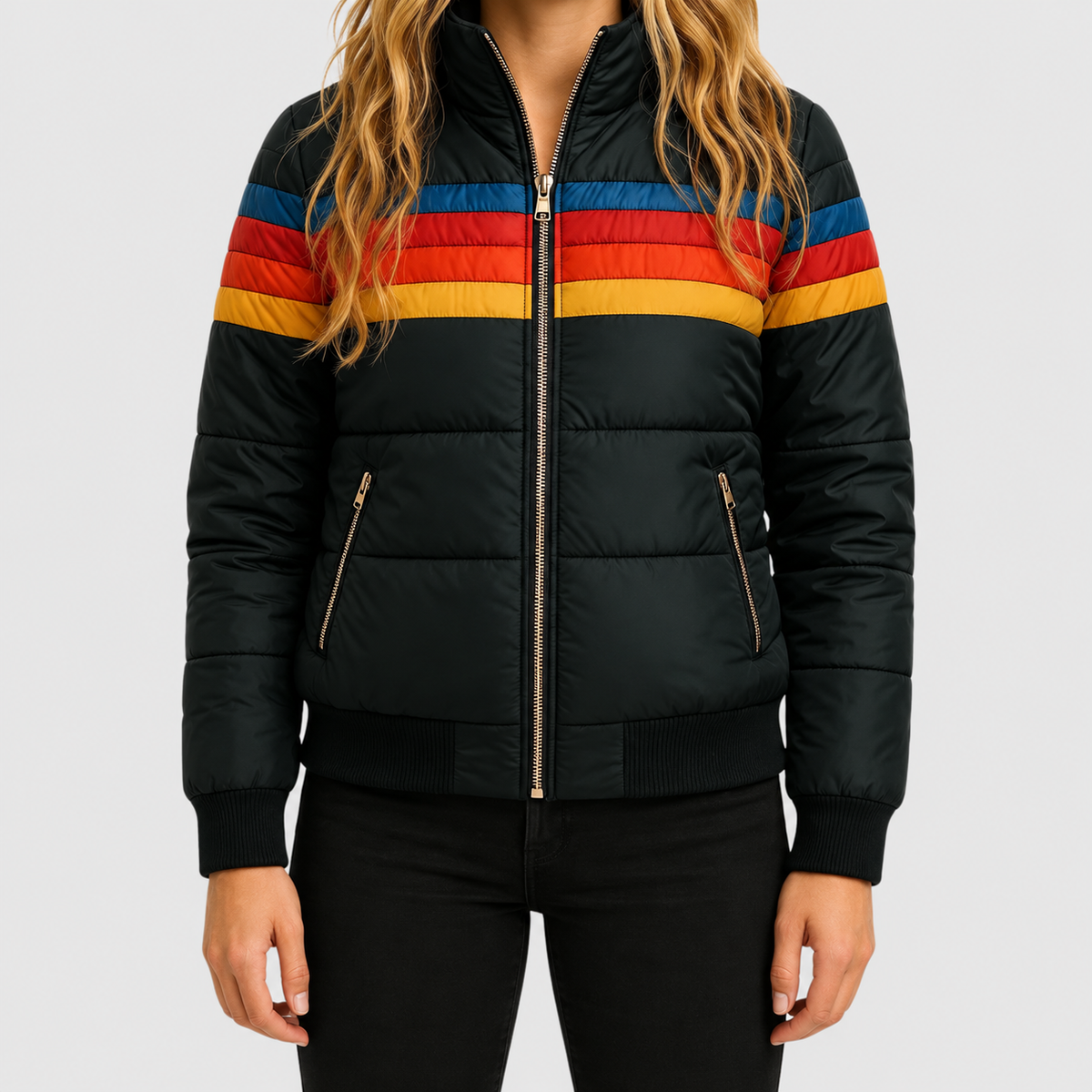 Amabel | Women’s Retro Striped Hooded Puffer Jacket — Black