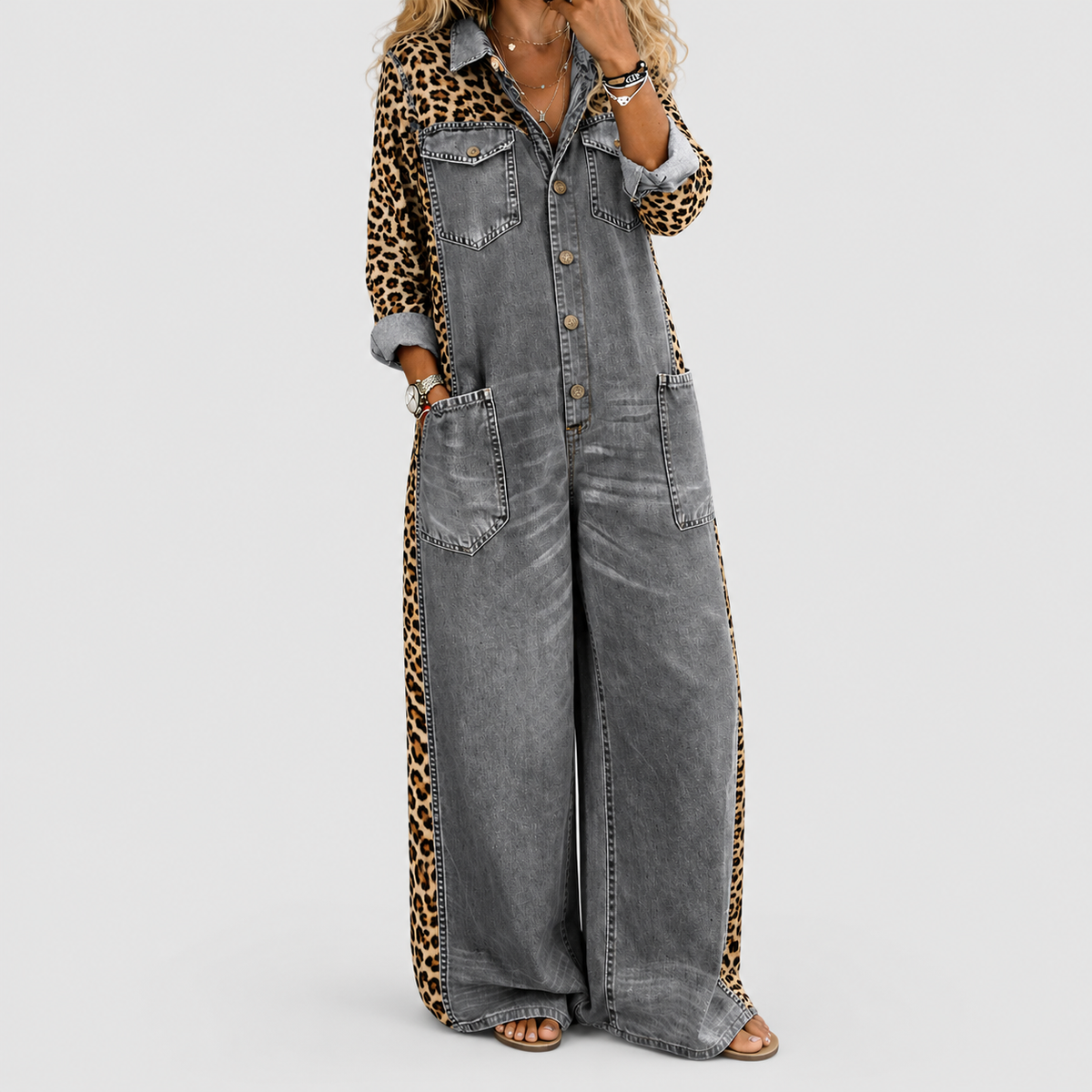Amandine | Women’s Denim Shirt Jumpsuit — Grey