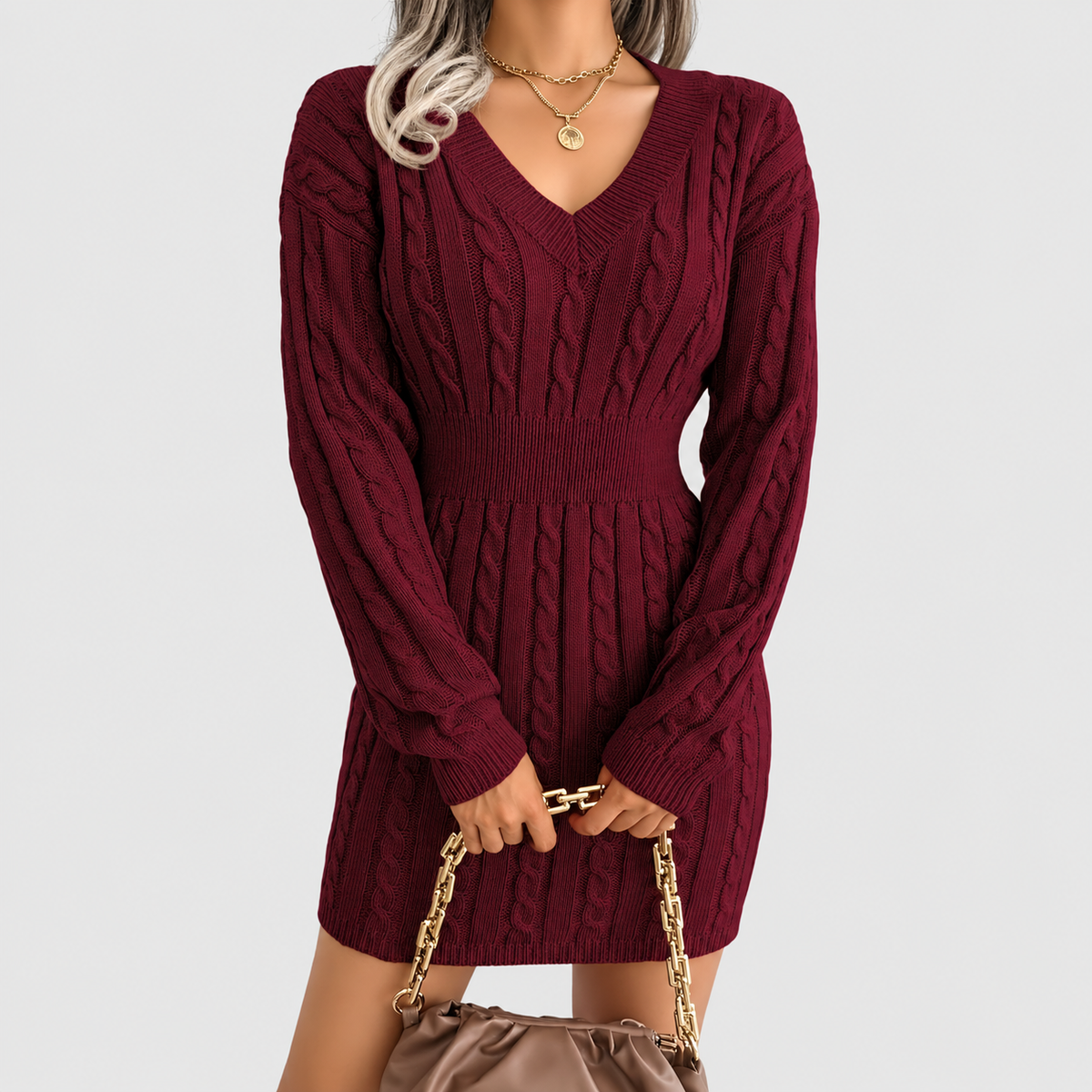 Amara | Women’s V-Neck Cable-Knit Sweater Dress with Cinched Waist — Burgundy