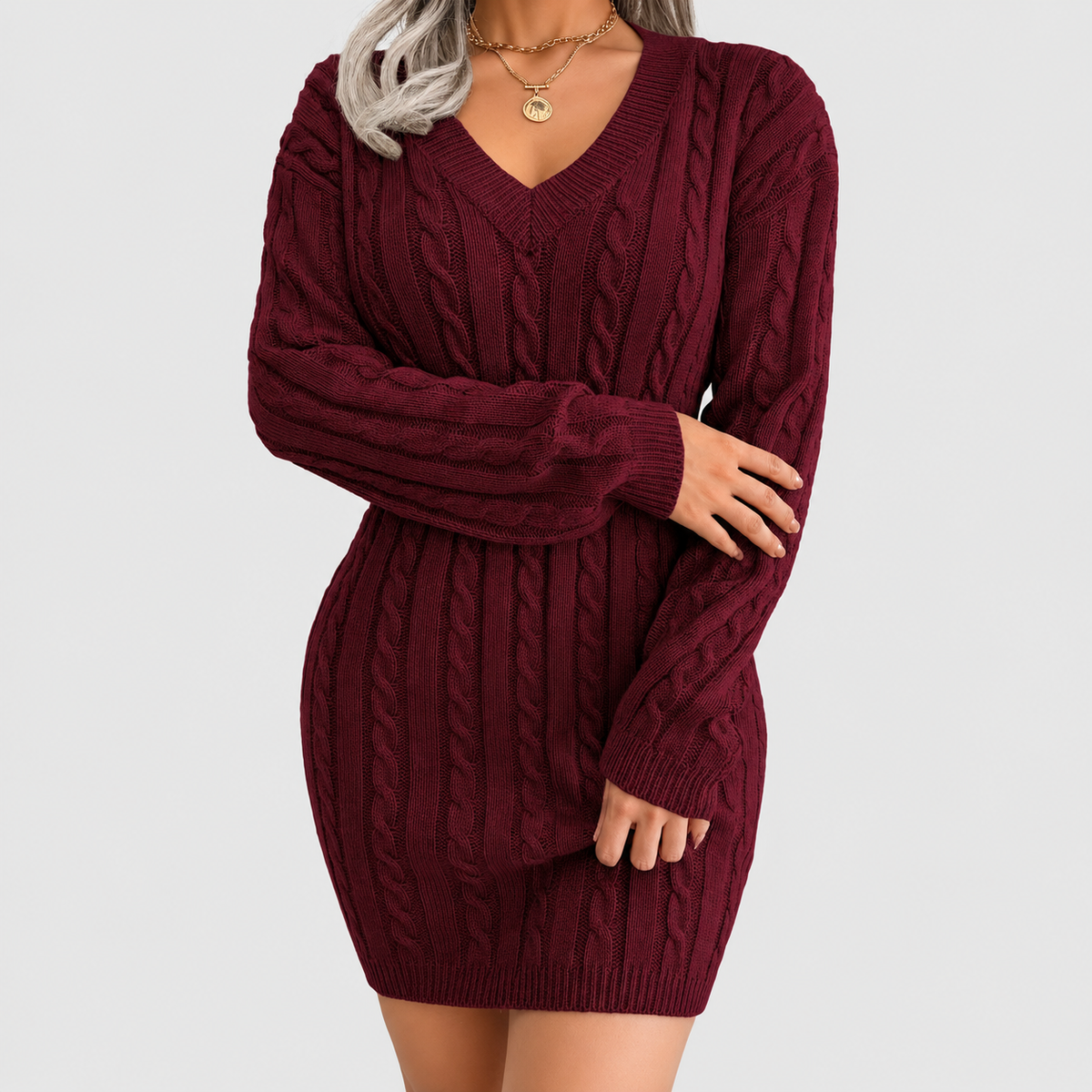 Amara | Women’s V-Neck Cable-Knit Sweater Dress with Cinched Waist — product detail 3