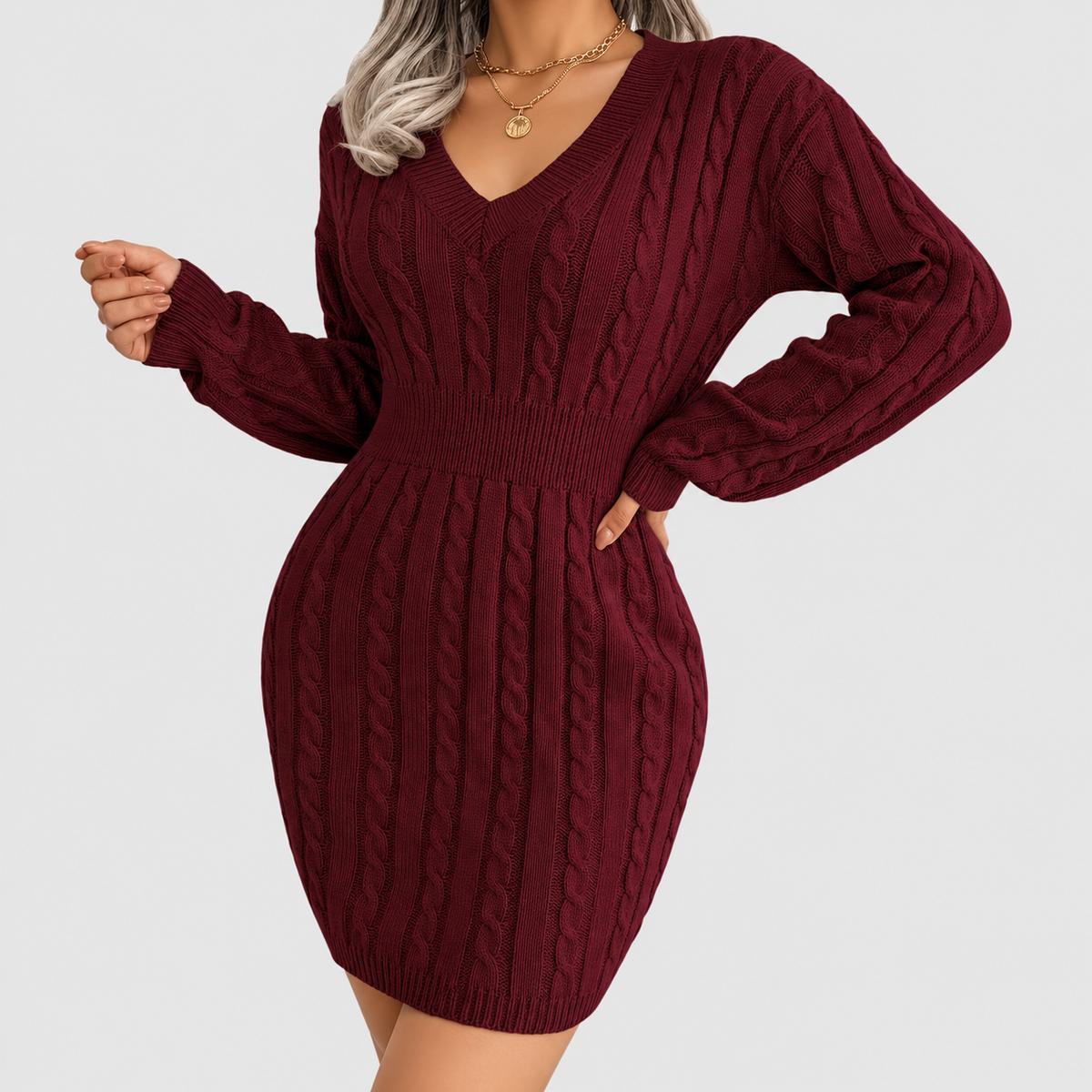 Amara | Women’s V-Neck Cable-Knit Sweater Dress with Cinched Waist — product detail 4