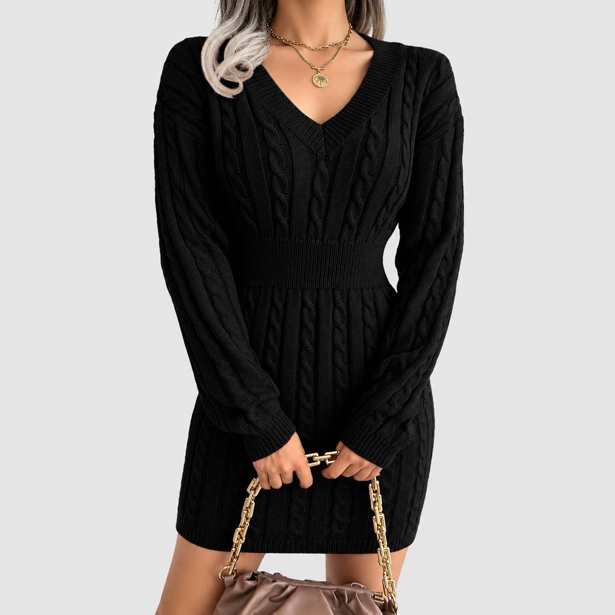 Amara | Women’s V-Neck Cable-Knit Sweater Dress with Cinched Waist — Black