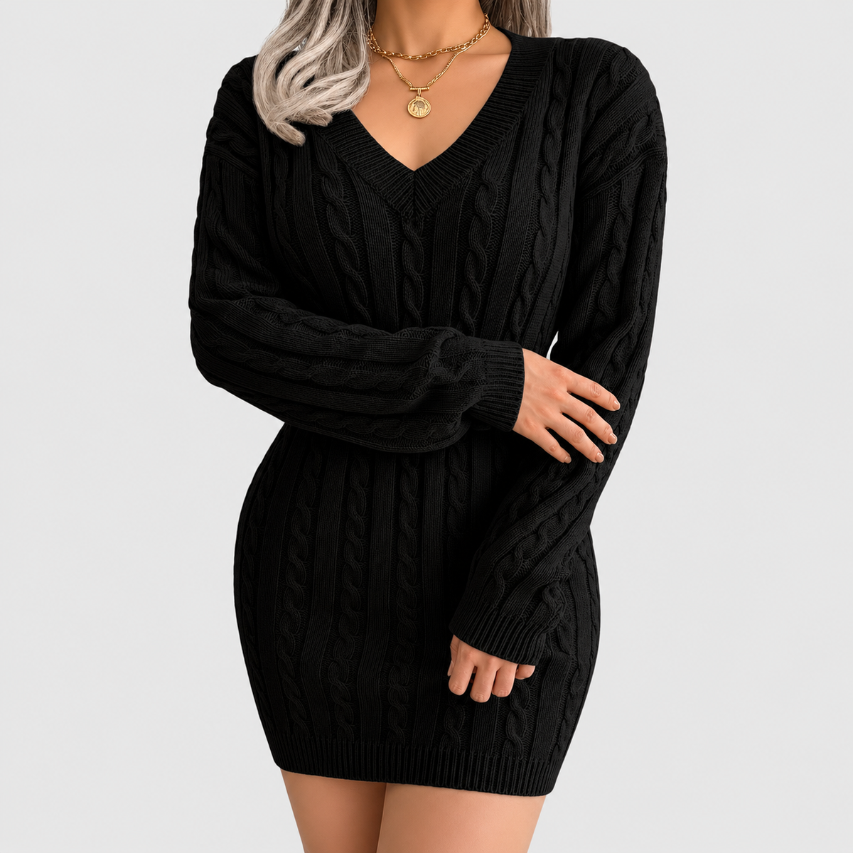 Amara | Women’s V-Neck Cable-Knit Sweater Dress with Cinched Waist — product detail 8