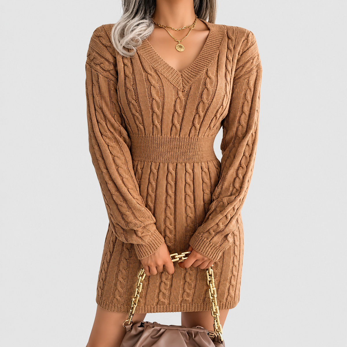 Amara | Women’s V-Neck Cable-Knit Sweater Dress with Cinched Waist — Camel