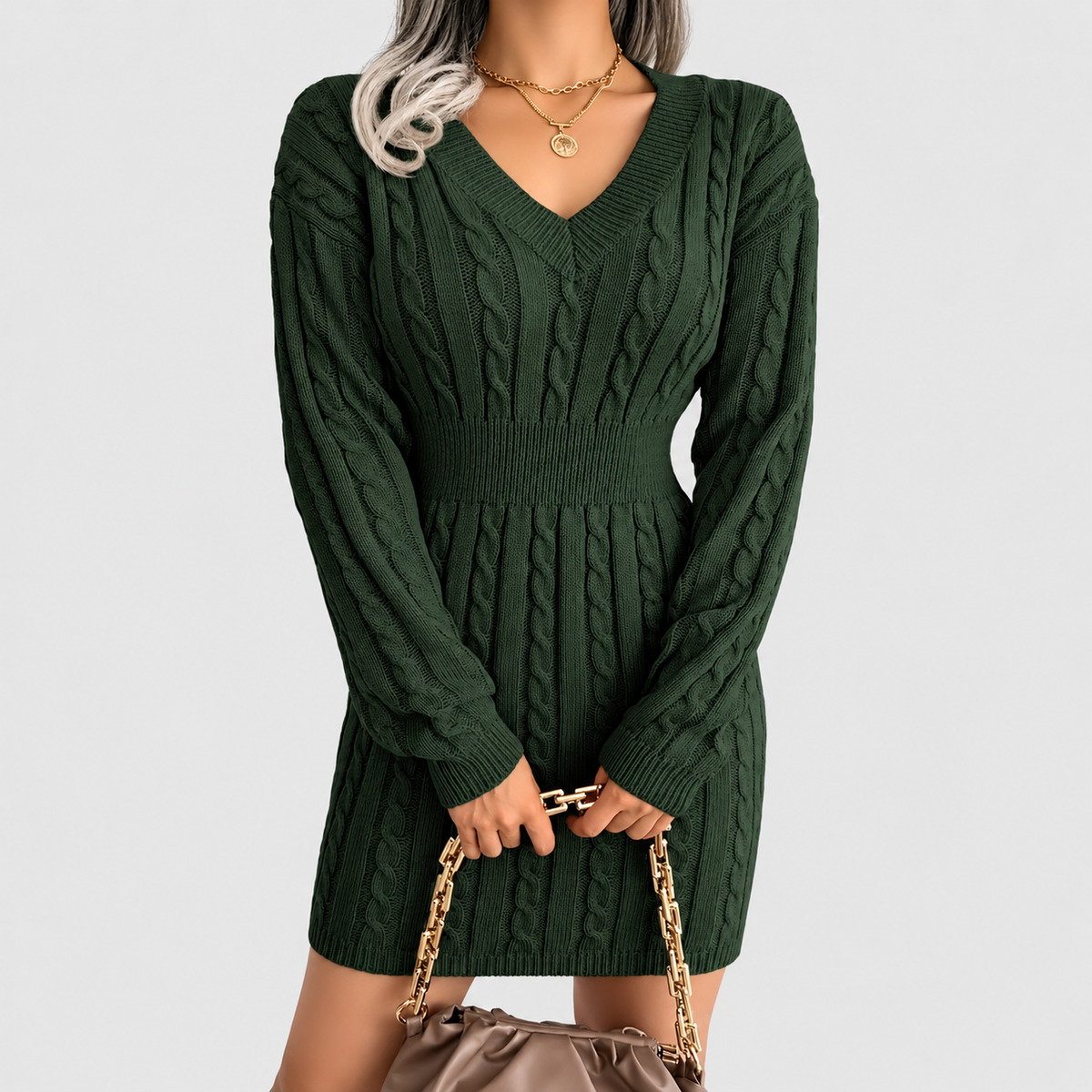 Amara | Women’s V-Neck Cable-Knit Sweater Dress with Cinched Waist — Dark Green