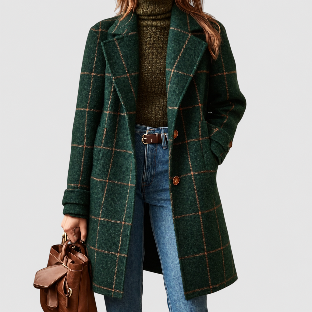 Amelie | Women’s Checked Tailored Coat — Dark Green