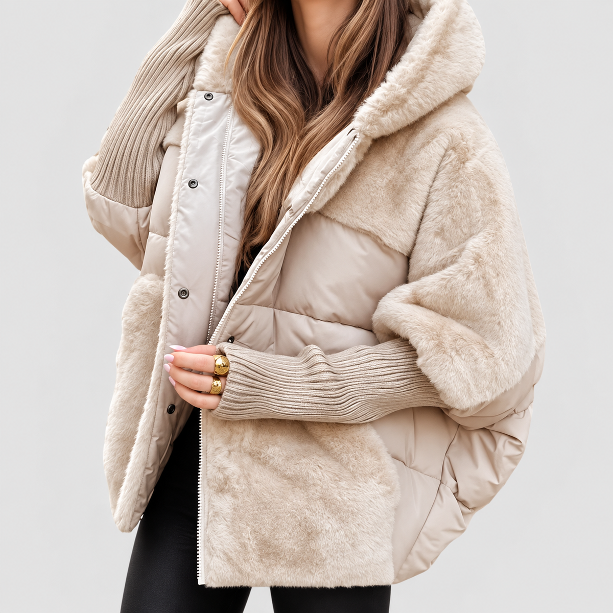Amelina | Women’s Hooded Faux-Fur-Panel Puffer Jacket — Beige