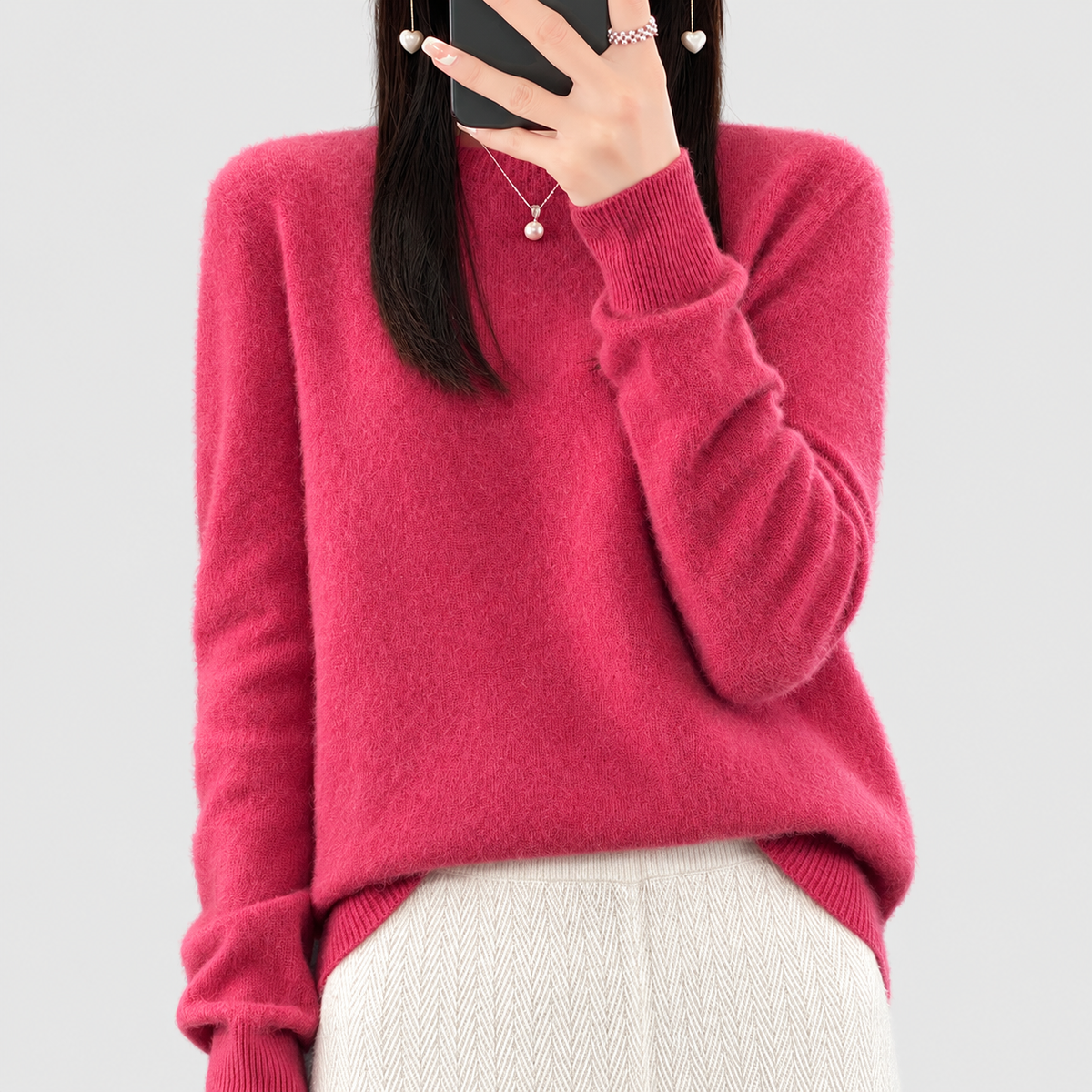 Anika | Women’s Relaxed-Fit Crew-Neck Knit Sweater — Raspberry Red