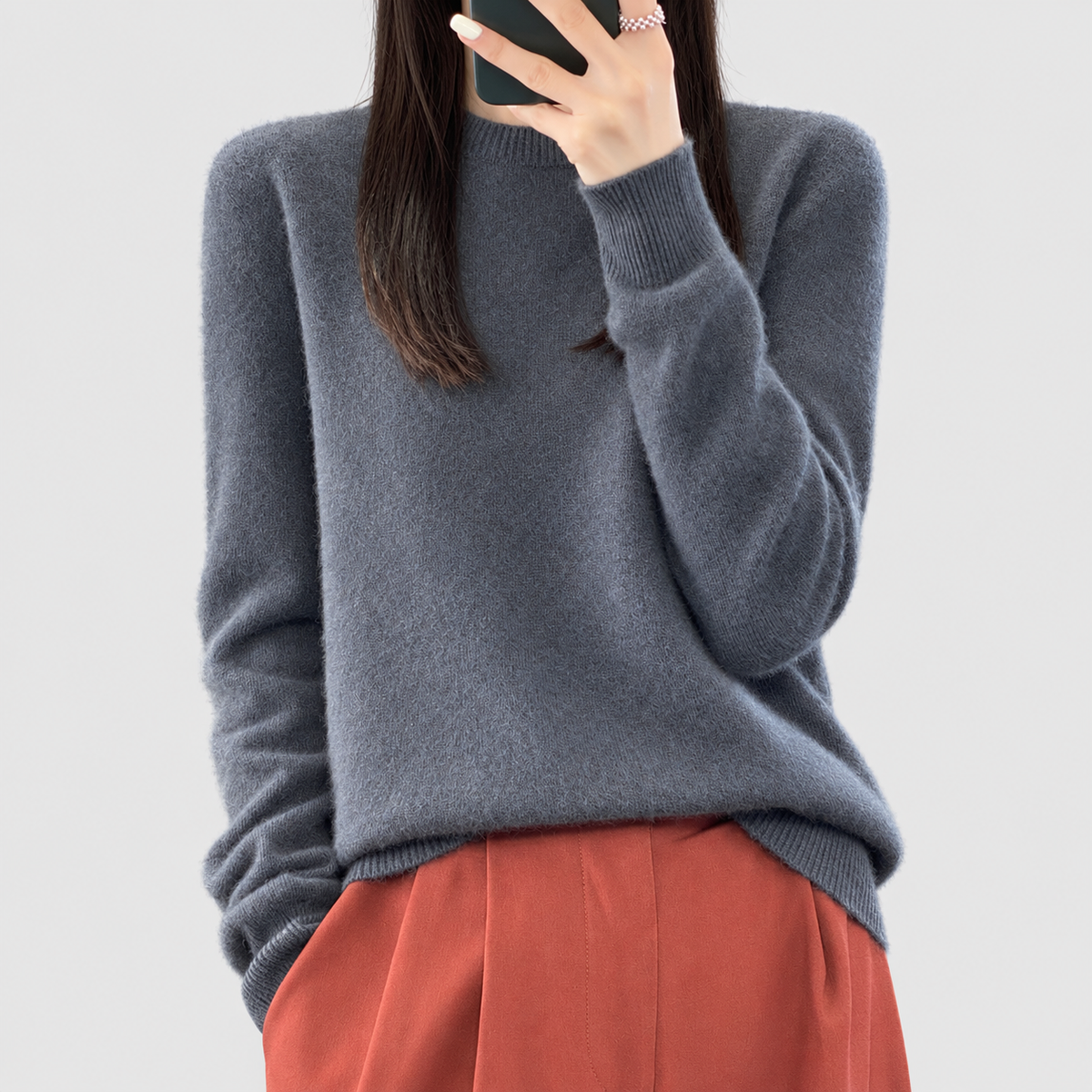 Anika | Women’s Relaxed-Fit Crew-Neck Knit Sweater — Dark Grey