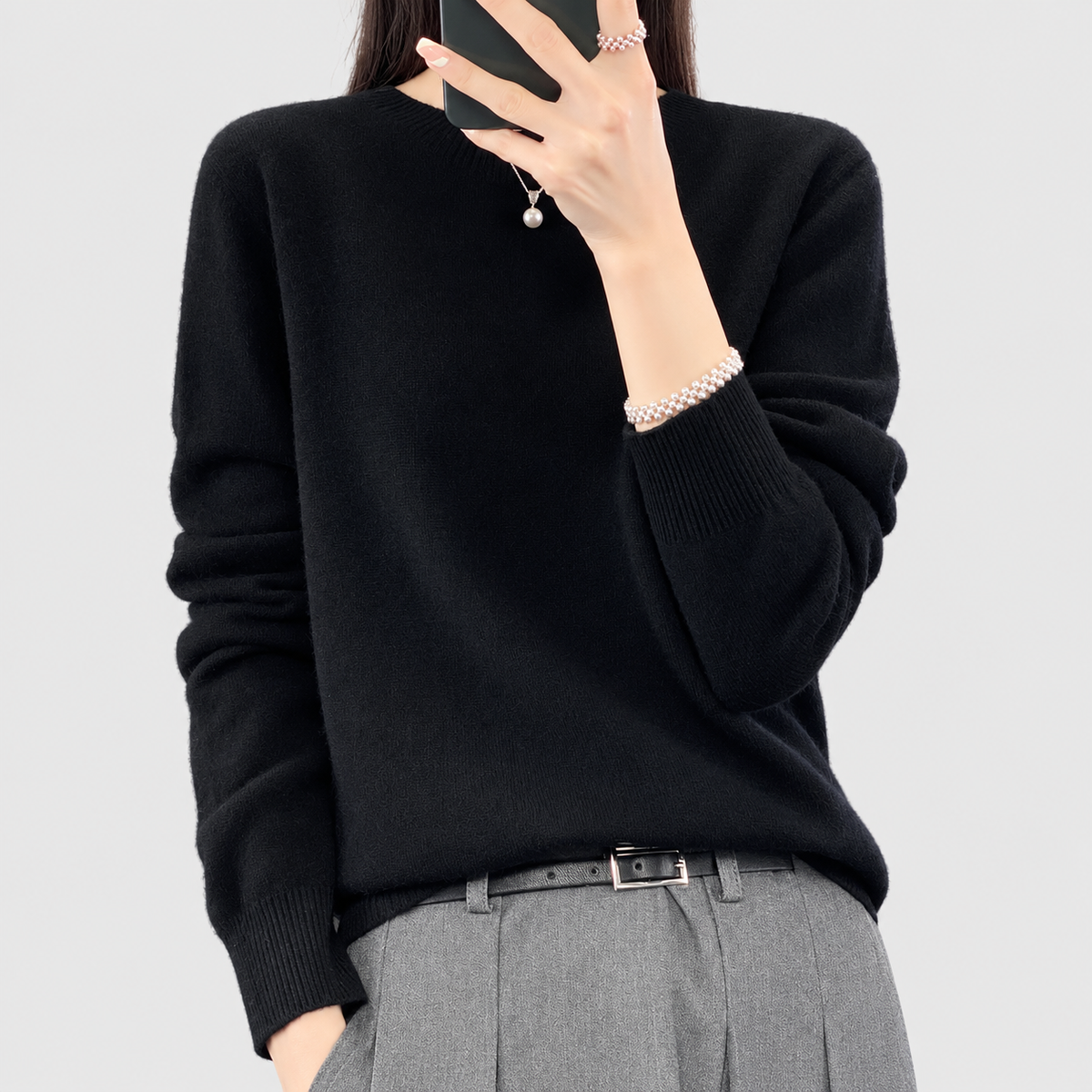 Anika | Women’s Relaxed-Fit Crew-Neck Knit Sweater — Black
