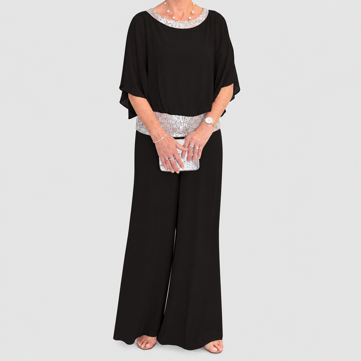 Annabelle-Claire | Women’s Embellished Top and Wide-Leg Pants Set — Black