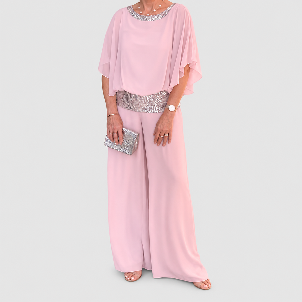 Annabelle-Claire | Women’s Embellished Top and Wide-Leg Pants Set — Pink