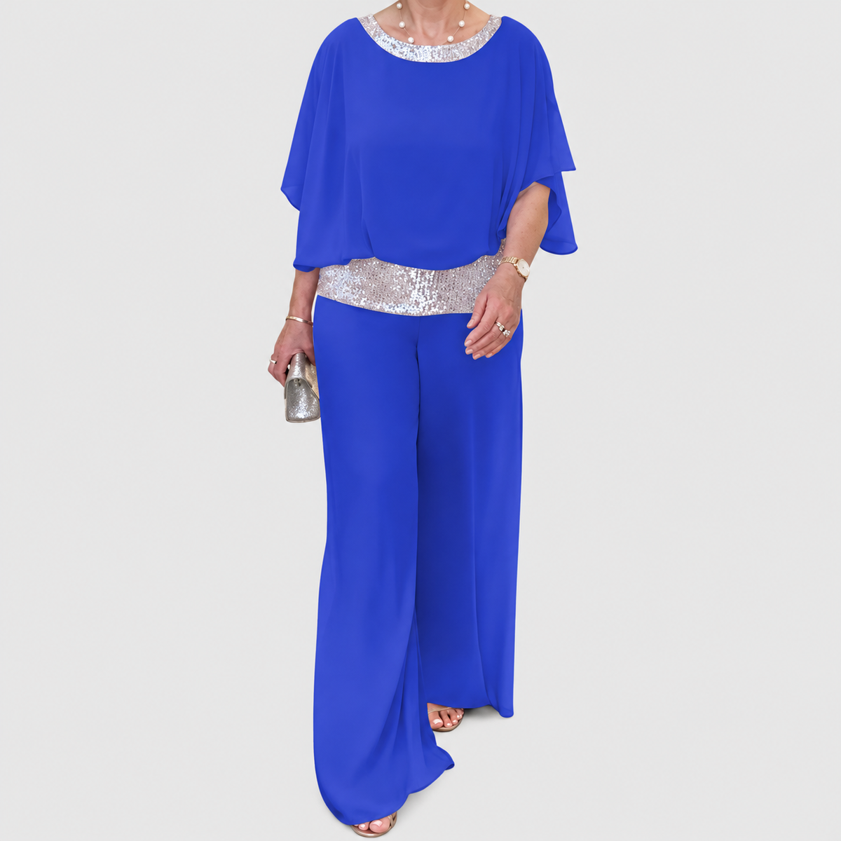 Annabelle-Claire | Women’s Embellished Top and Wide-Leg Pants Set — Blue