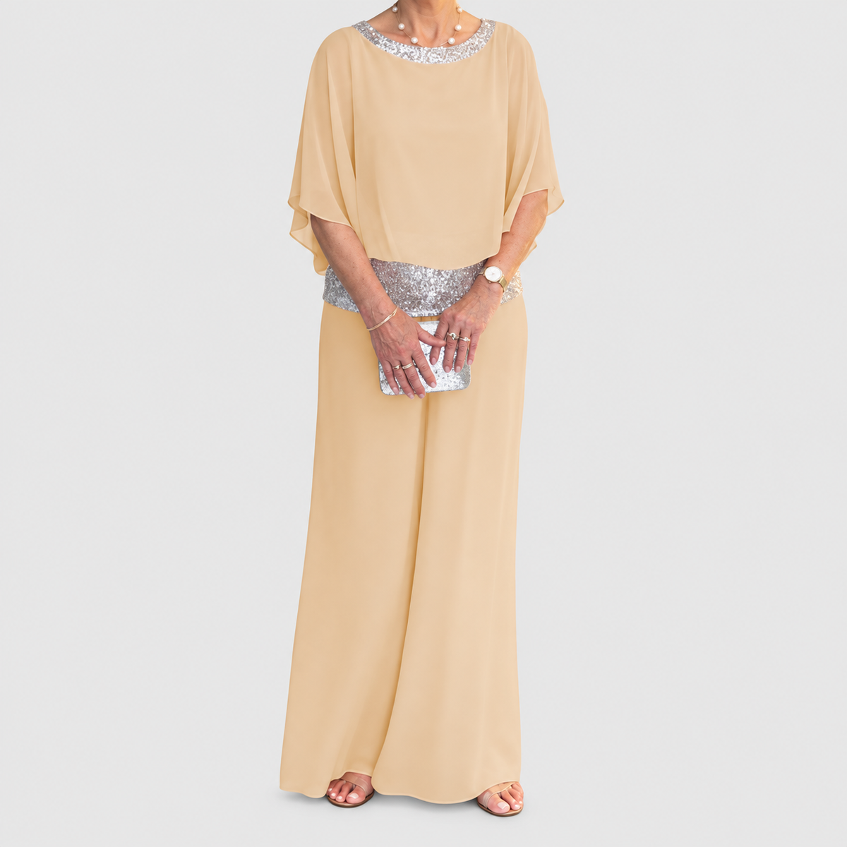 Annabelle-Claire | Women’s Embellished Top and Wide-Leg Pants Set — Khaki